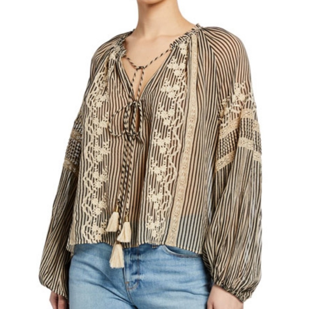 Love Sam Peasant Blouse, NWOT, Embroidered, Cream and Black Stripe, XS